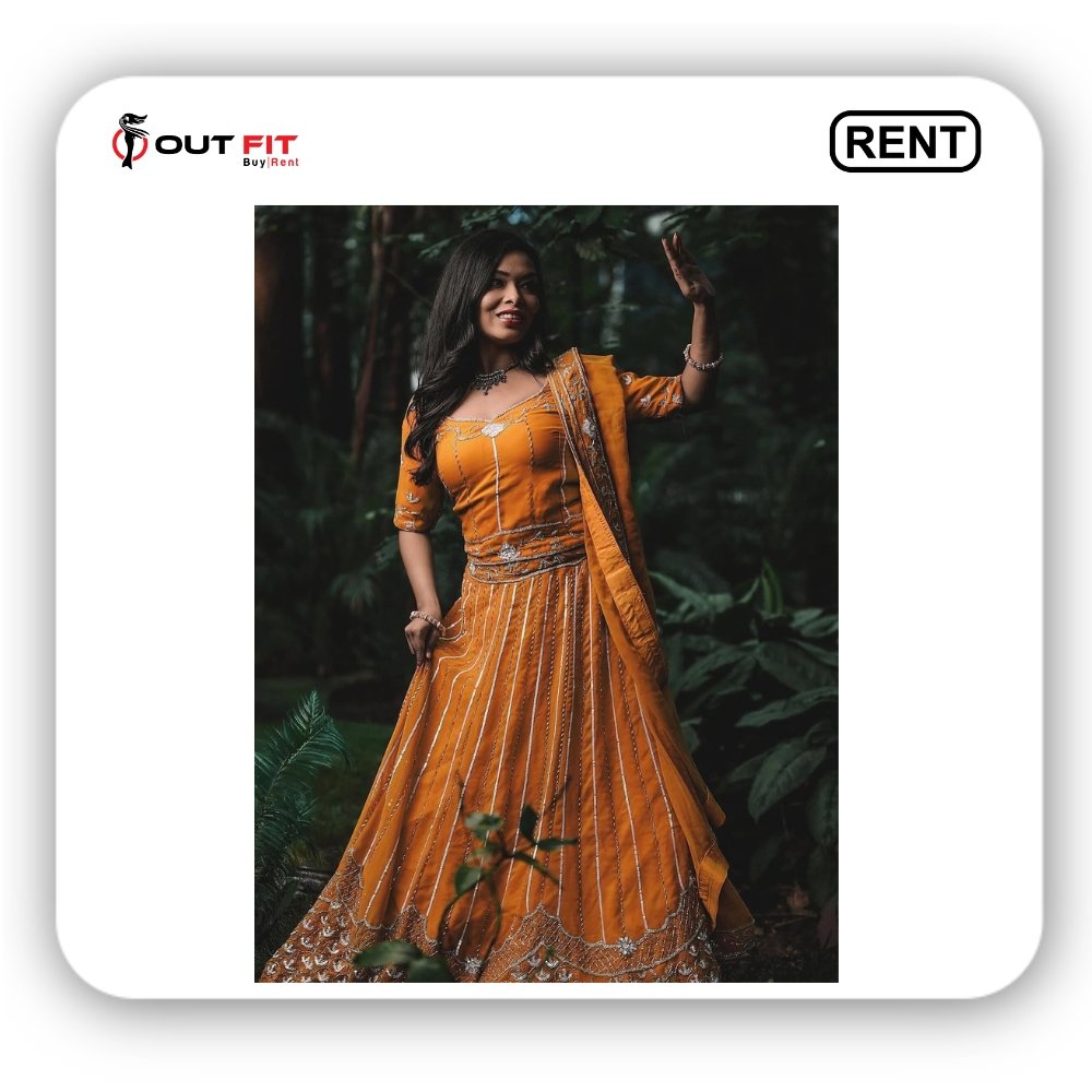Bride wearing the best sequence work lehenga for wedding bride on rent in Bangalore