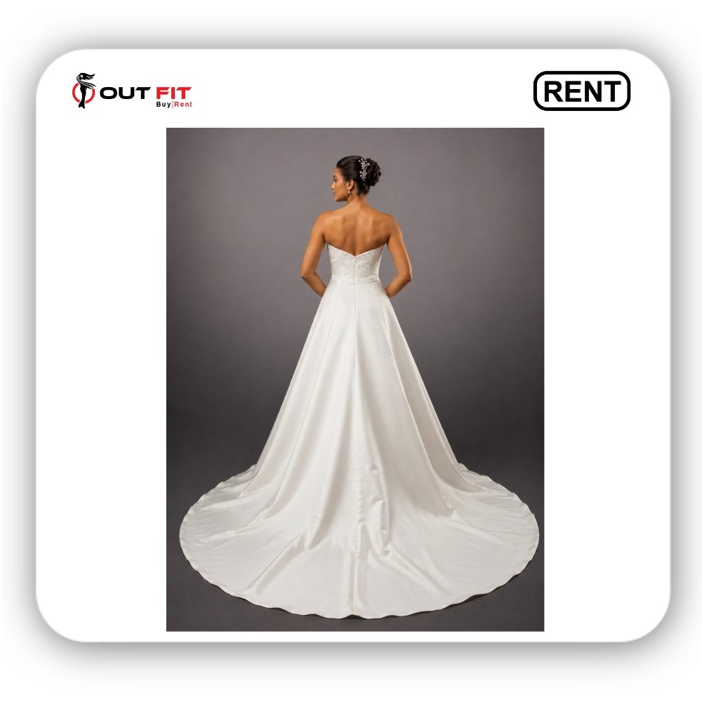 Detailed lace and satin on white off shoulder bridal gown Bangalore rental showroom Detailed lace and satin on white off shoulder bridal gown Bangalore rental showroom