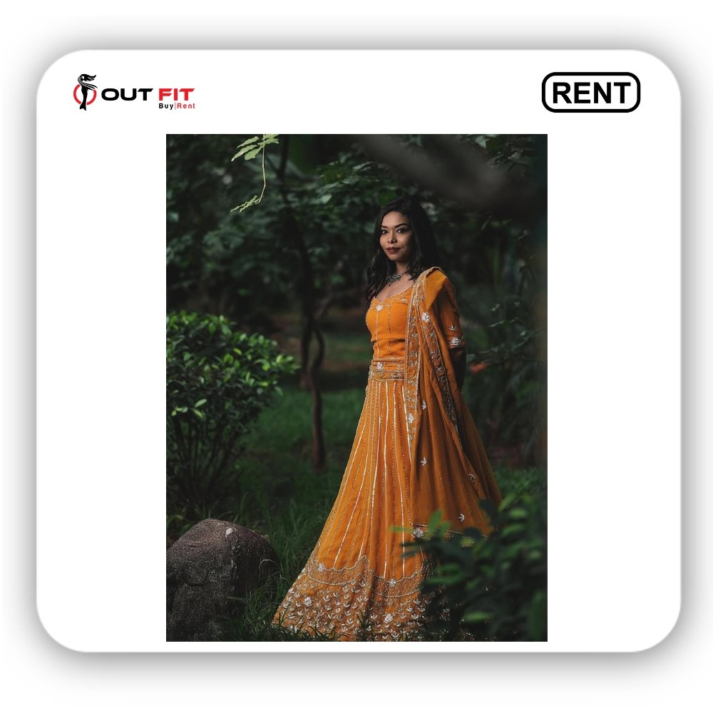 Detailed silver embroidery on yellow sequence work lehenga Bangalore rental showroom Detailed silver embroidery on yellow sequence work lehenga Bangalore rental showroom