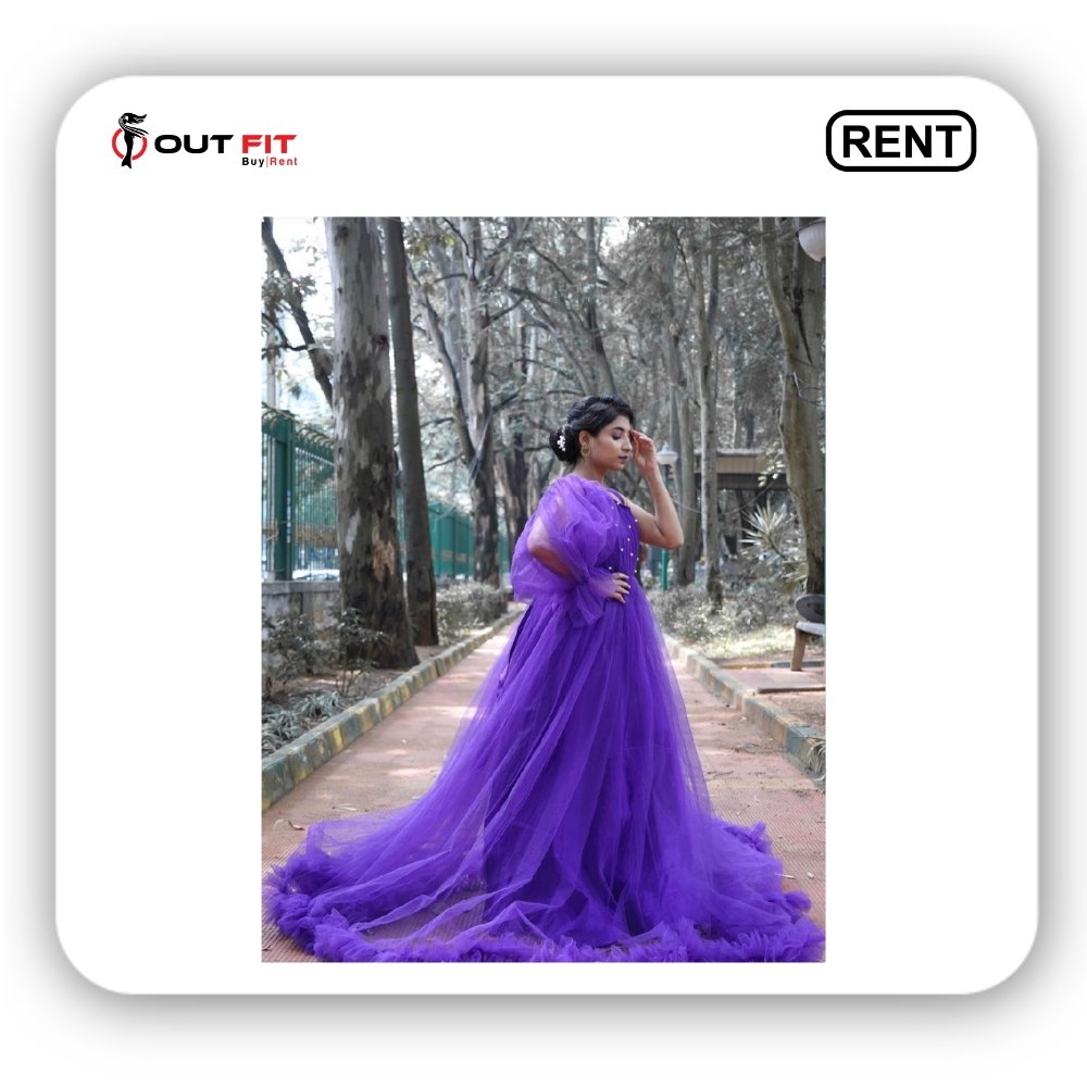 Detailed tulle and organza on purple one shoulder gown Bangalore rental showroom