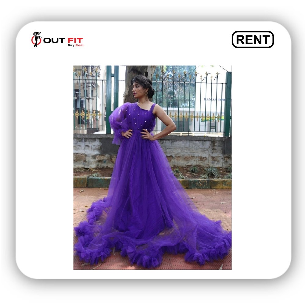 Elegant purple one shoulder evening dress hanging in Bangalore boutique