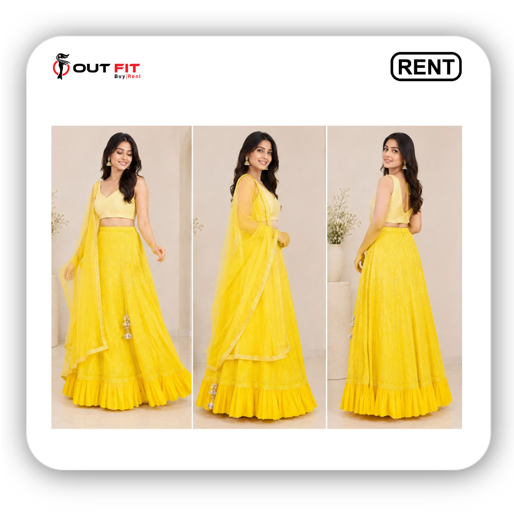 Full front, side, and back view of a yellow silk embroidery lehenga for women on rent in Bangalore with tassel latkans and ruffled hemline