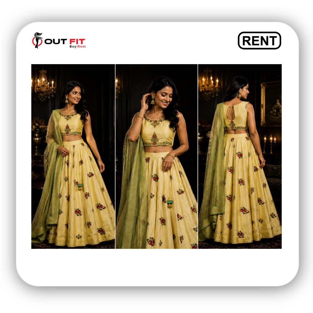 Pale gold raw silk bridal lehenga for women on rent in Bangalore with red floral embroidery