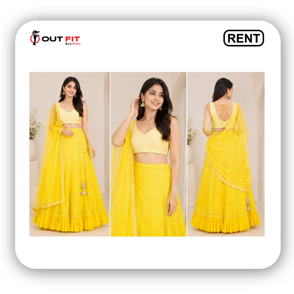 Three-angle view of a designer yellow embroidered lehenga on rent in Bangalore showcasing the sleeveless choli back tie-up detail and draped net dupatta Three-angle view of a designer yellow embroidered lehenga on rent in Bangalore showcasing the sleeveless choli back tie-up detail and draped net dupatta