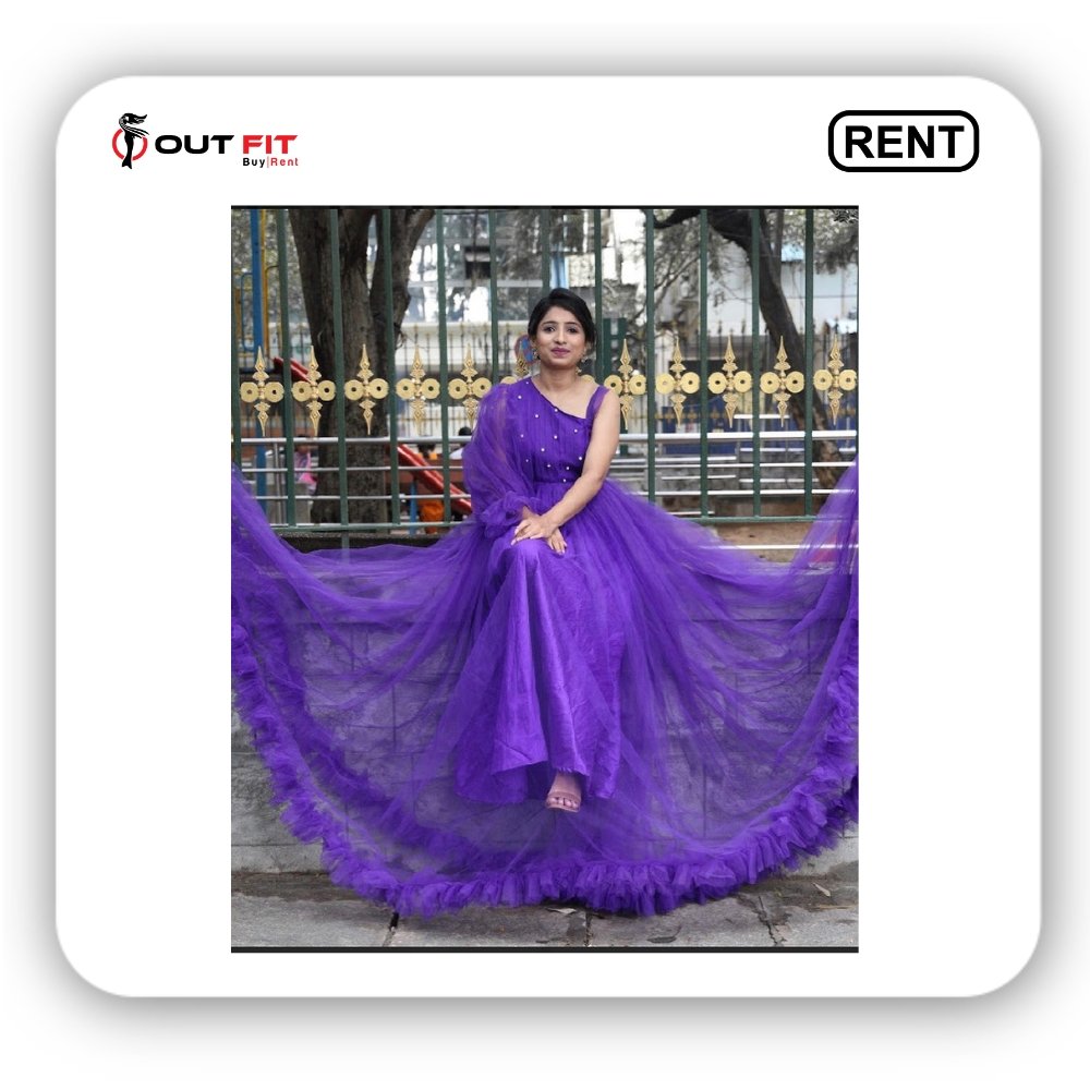 Woman wearing a purple one shoulder gown on rent in Bangalore