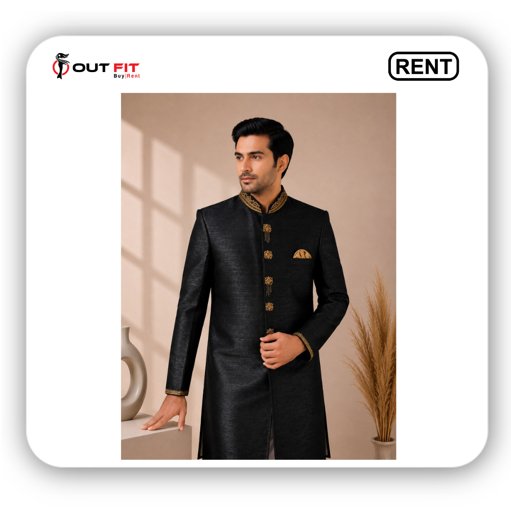 antique gold embroidered cuff and button design on black rental sherwani for men bangalore