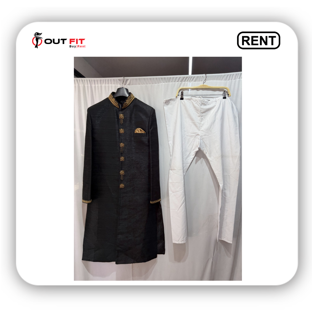 back silhouette of mens black designer sherwani paired with white churidar on rent in bangalore
