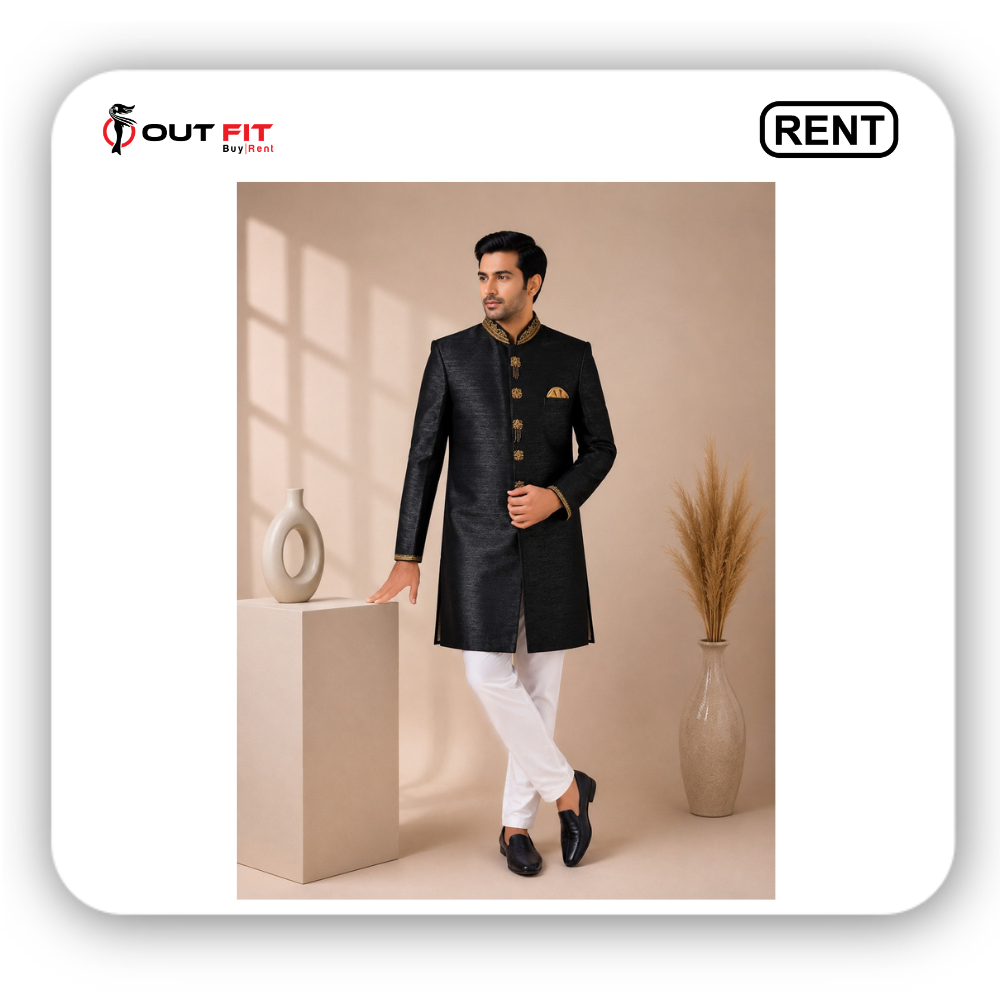 ethnic wear black sherwani for men on rent in bangalore front view with gold collar detail