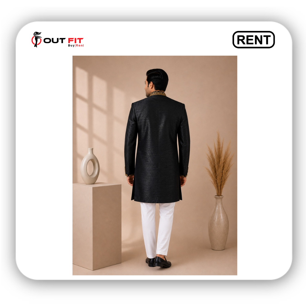 ethnic wear black sherwani for men on rent in bangalore showroom display at bommanahalli
