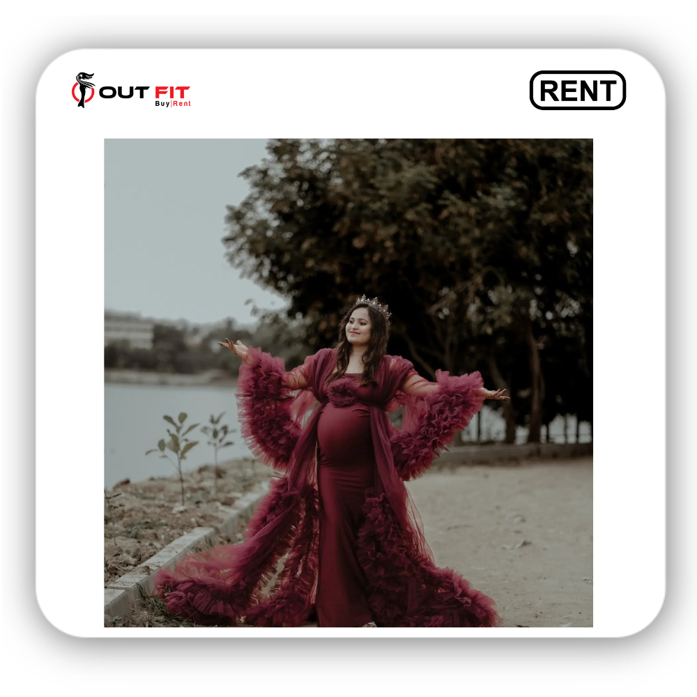 Capture beautiful memories effortlessly. Reserve the gorgeous royal maroon maternity dress for photoshoot on rent bangalore today. Perfect fit guaranteed.