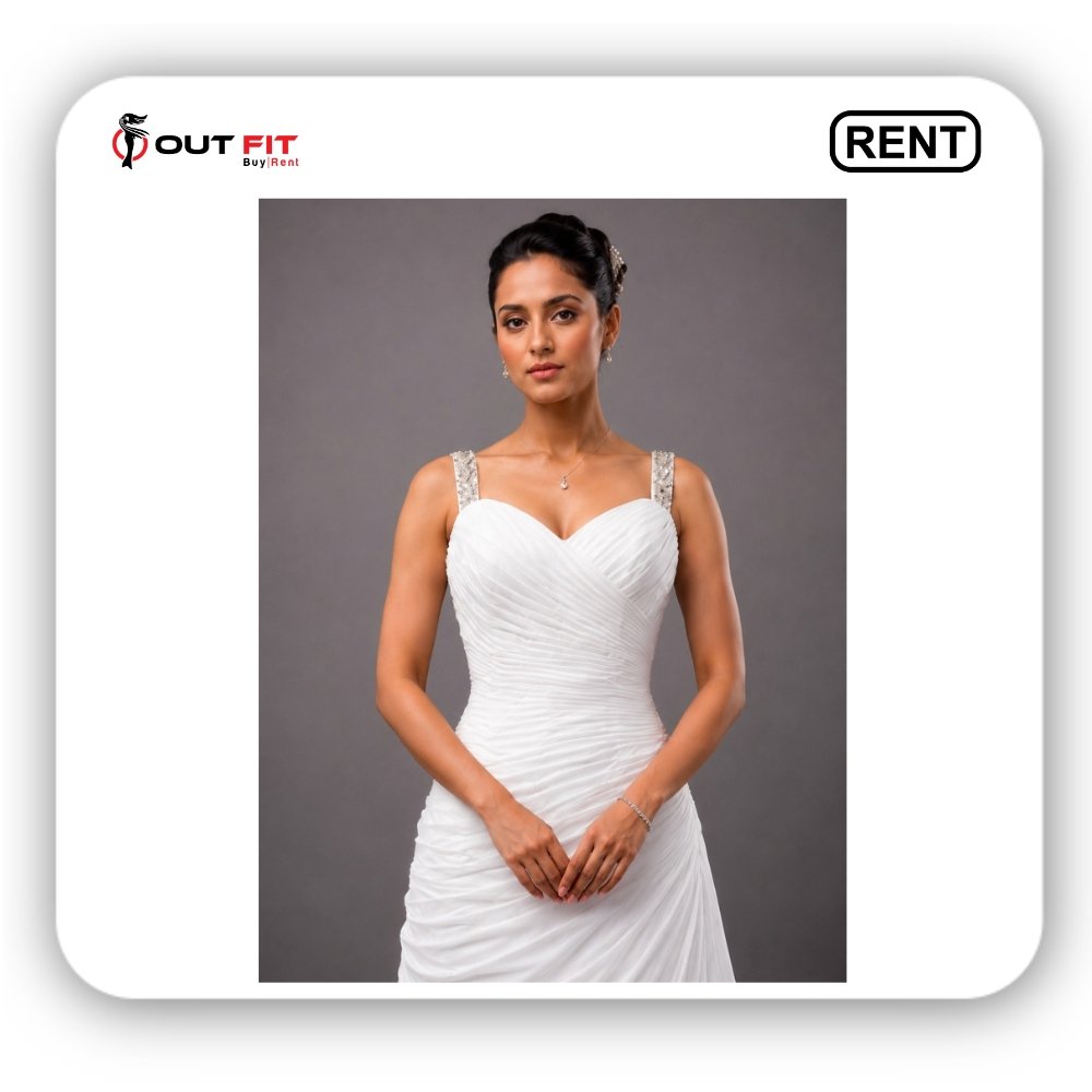 Full-length rear view of white wedding dress rental in Bangalore displaying chiffon chapel-length train Full-length rear view of white wedding dress rental in Bangalore displaying chiffon chapel-length train