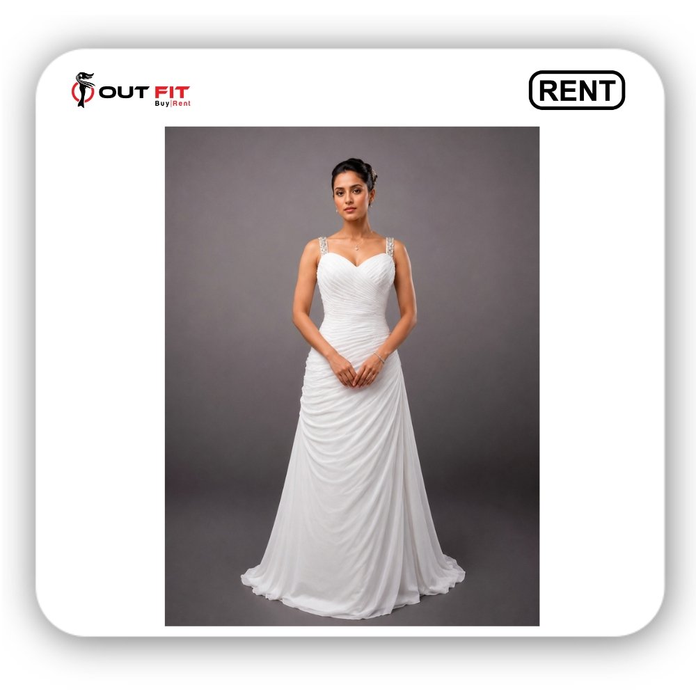 Front view of white wedding gown for bride on rent in Bangalore featuring sweetheart pleated bodice and crystal straps